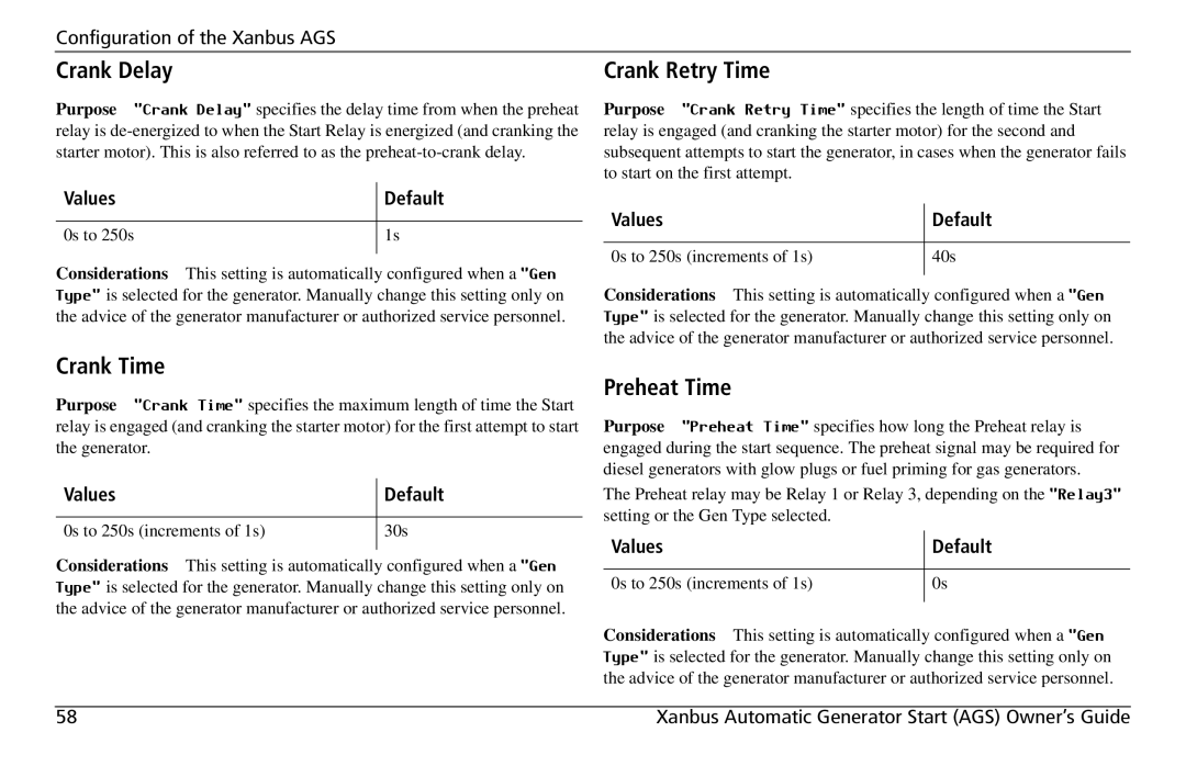 Xantrex Technology 809-0915 manual Crank Delay, Crank Time, Crank Retry Time, Preheat Time 