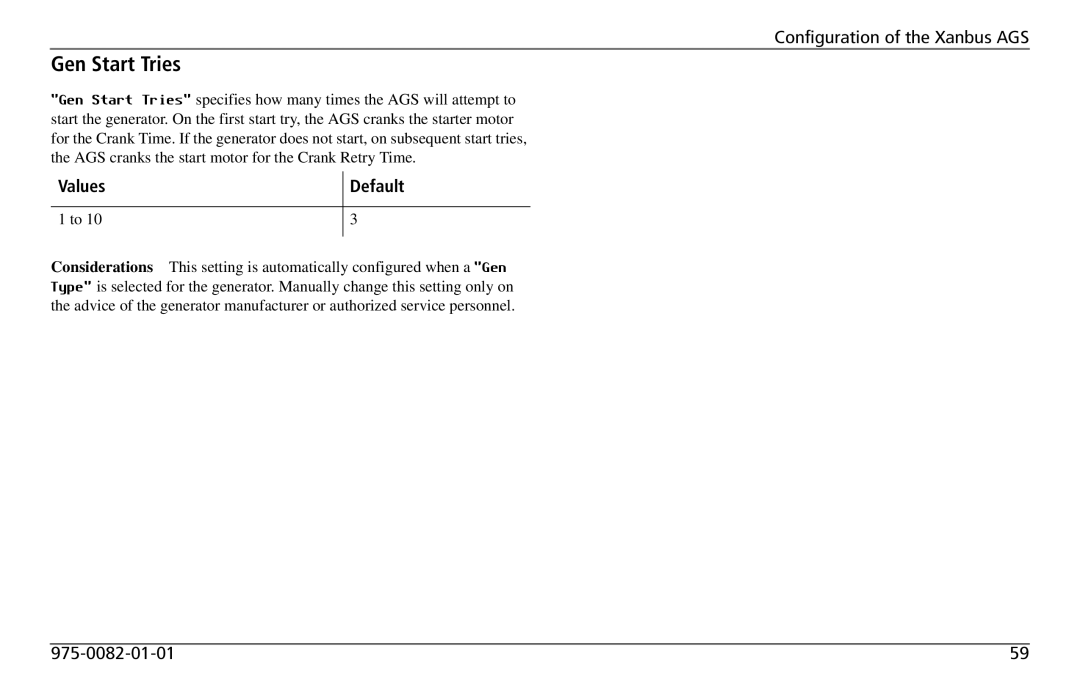 Xantrex Technology 809-0915 manual Gen Start Tries 