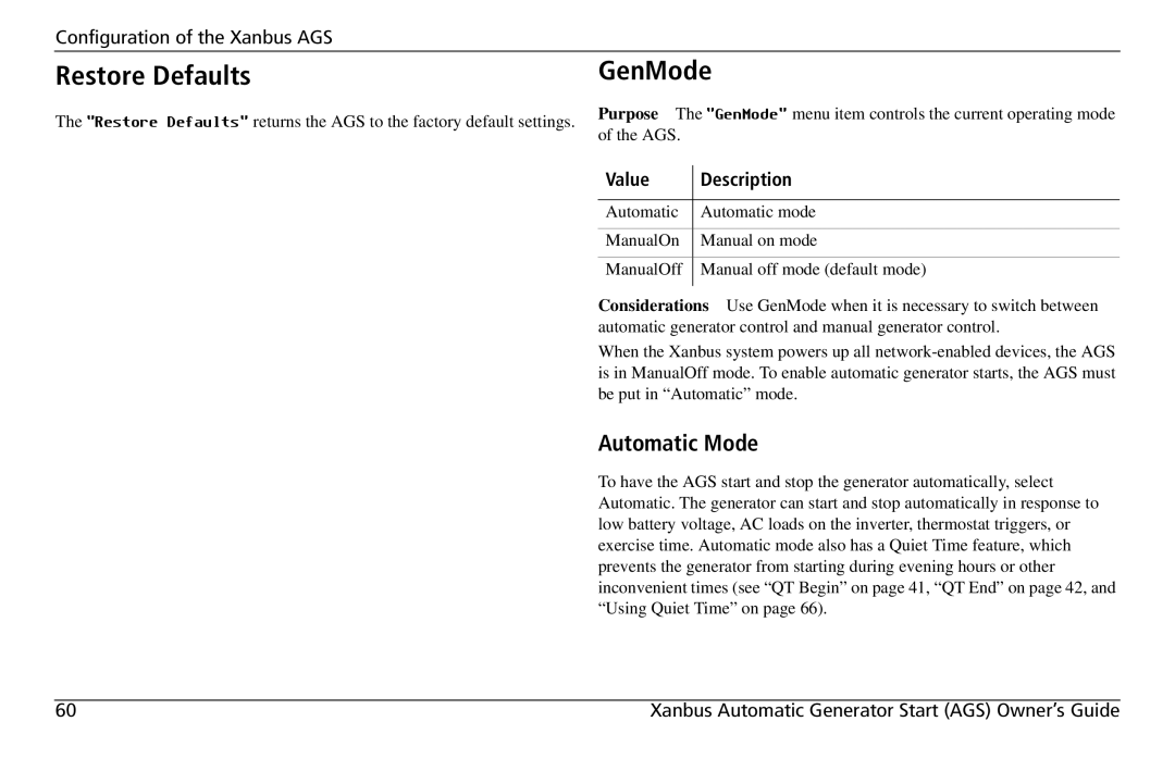 Xantrex Technology 809-0915 manual Restore Defaults, GenMode, Automatic Mode 