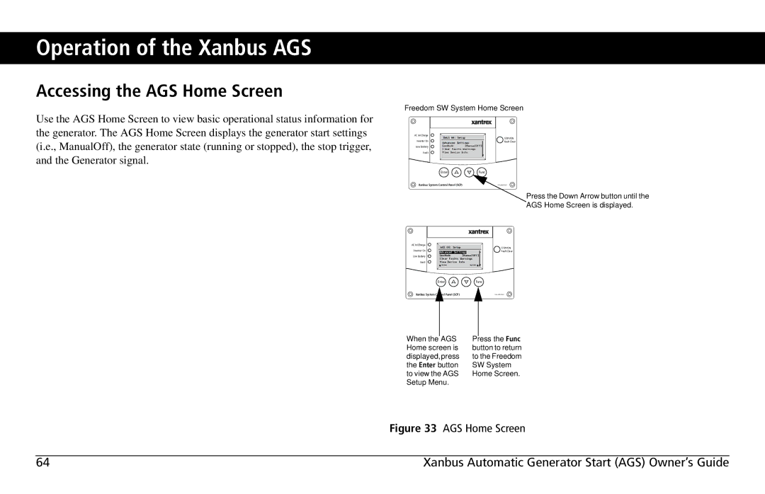 Xantrex Technology 809-0915 manual Operation of the Xanbus AGS, Accessing the AGS Home Screen 