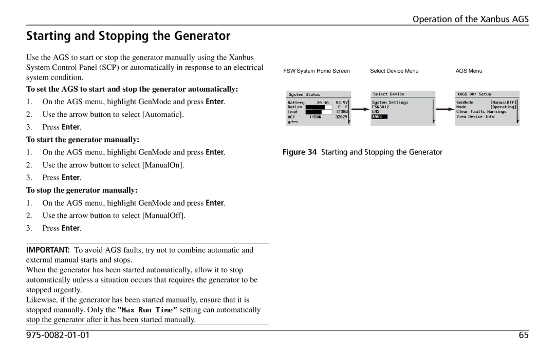 Xantrex Technology 809-0915 Starting and Stopping the Generator, To start the generator manually 