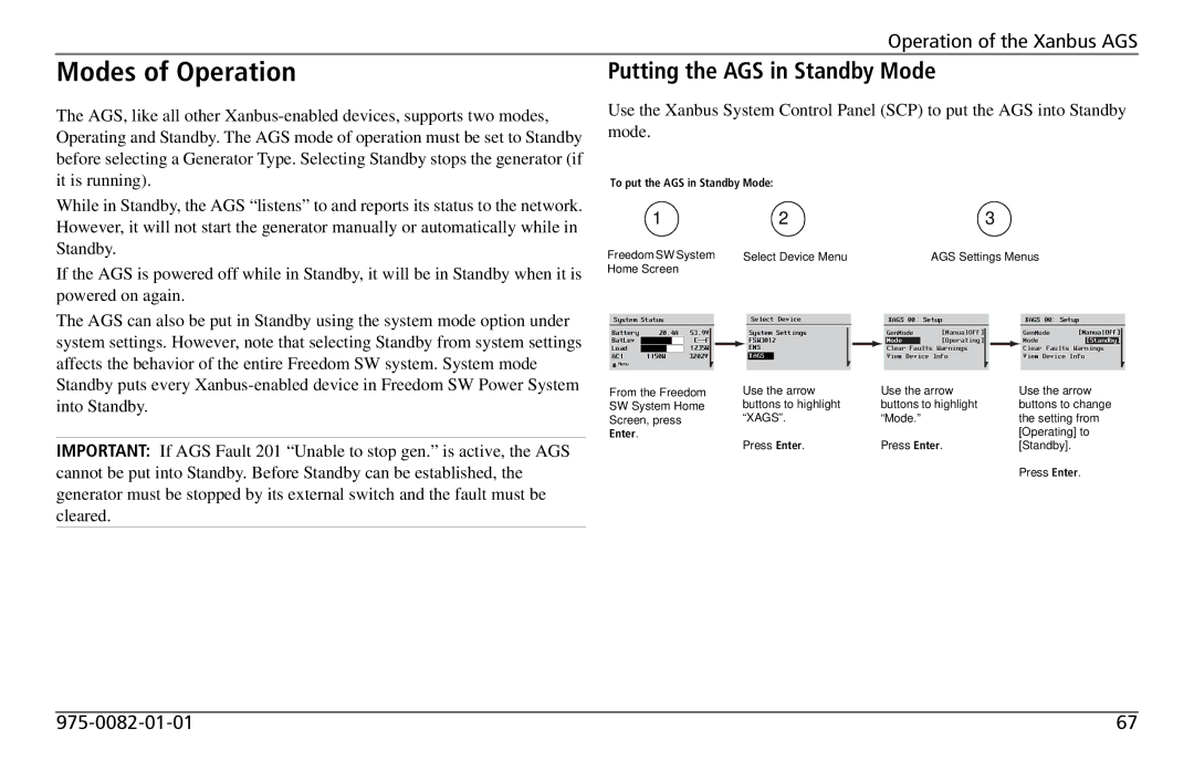 Xantrex Technology 809-0915 manual Modes of Operation, Putting the AGS in Standby Mode 