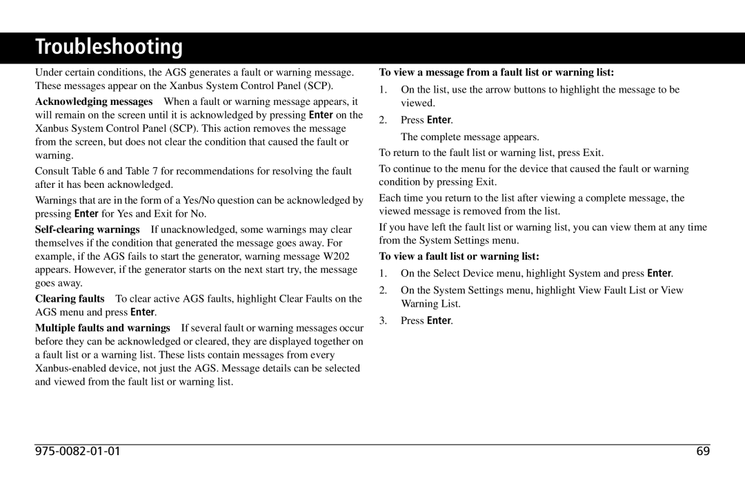 Xantrex Technology 809-0915 manual Troubleshooting, To view a message from a fault list or warning list 