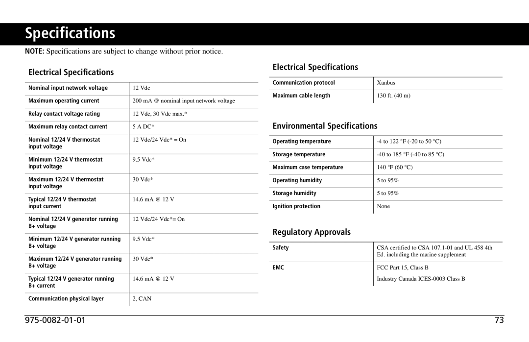 Xantrex Technology 809-0915 manual Electrical Specifications, Environmental Specifications, Regulatory Approvals 