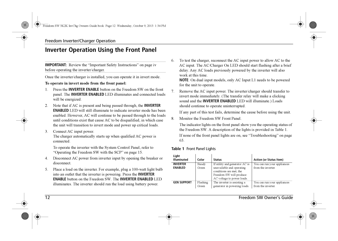 Xantrex Technology 815-2012 manual Inverter Operation Using the Front Panel, To operate in invert mode from the front panel 