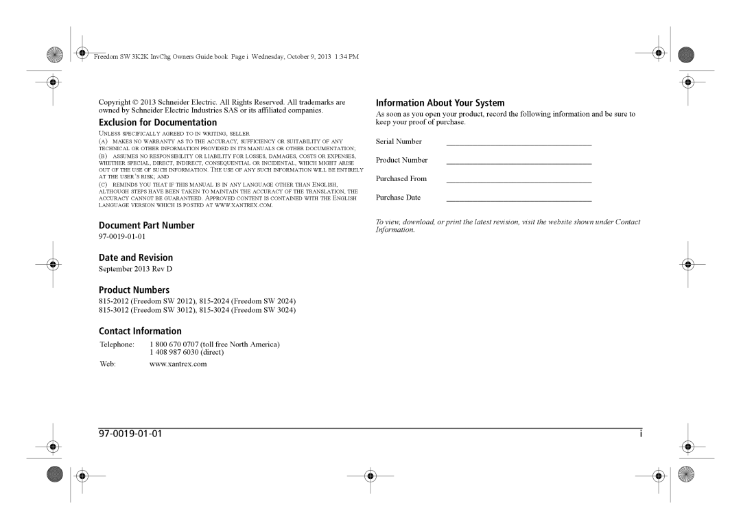 Xantrex Technology 815-2024 manual Exclusion for Documentation, Document Part Number, Date and Revision, Product Numbers 