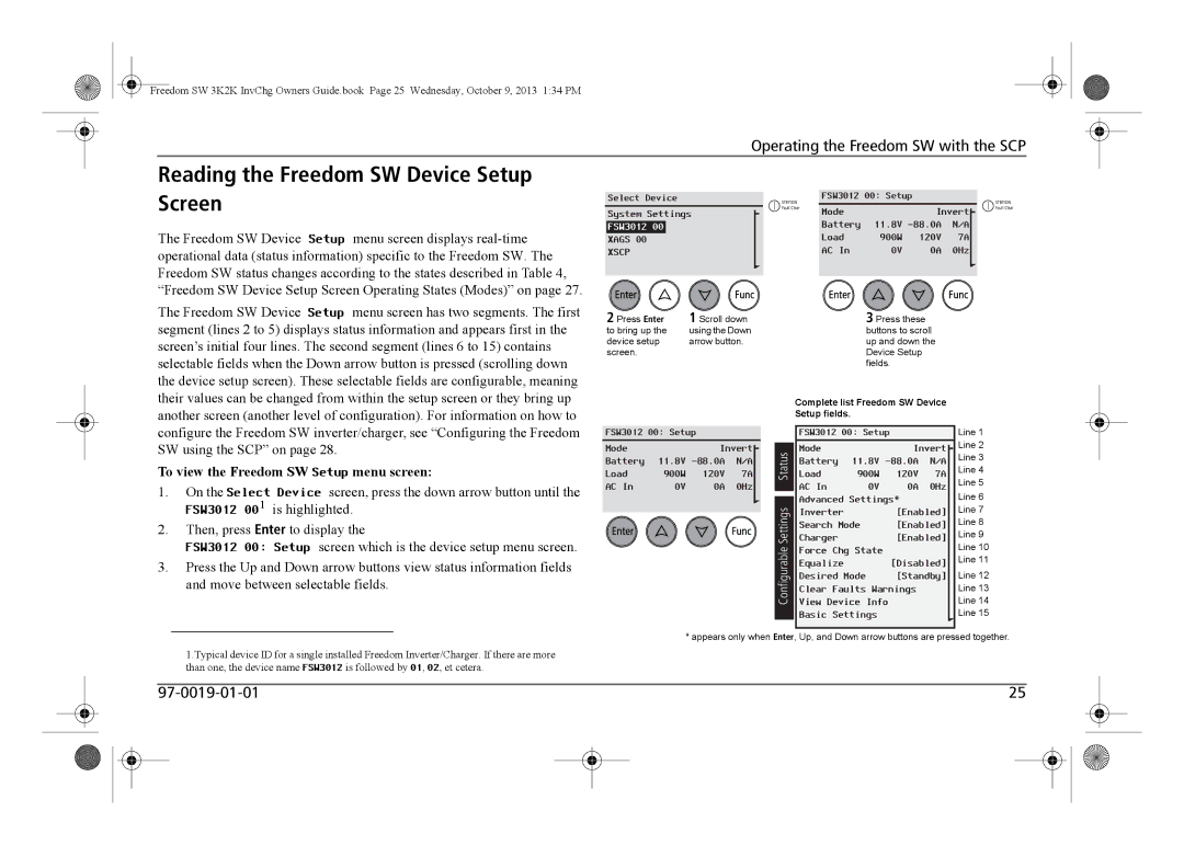 Xantrex Technology 815-2024, 815-3024 Reading the Freedom SW Device Setup Screen, To view the Freedom SW Setup menu screen 