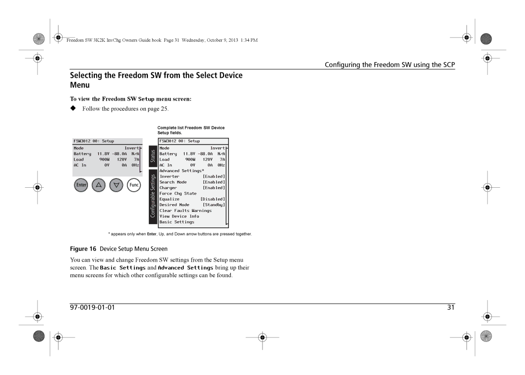 Xantrex Technology 815-3012, 815-3024 manual Selecting the Freedom SW from the Select Device Menu, Device Setup Menu Screen 