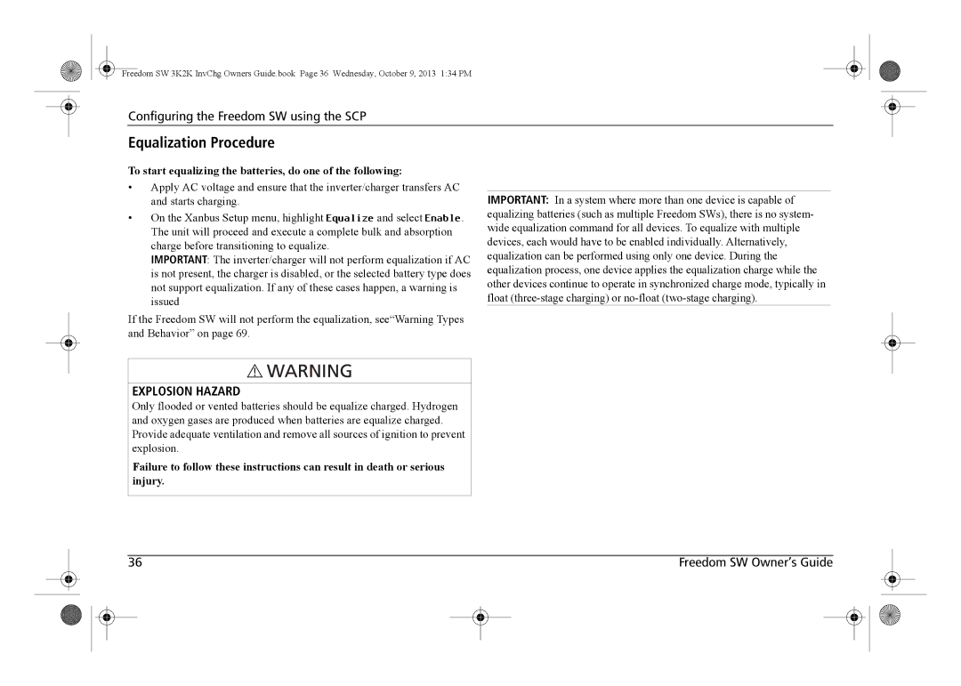 Xantrex Technology 815-2012, 815-3024 Equalization Procedure, To start equalizing the batteries, do one of the following 