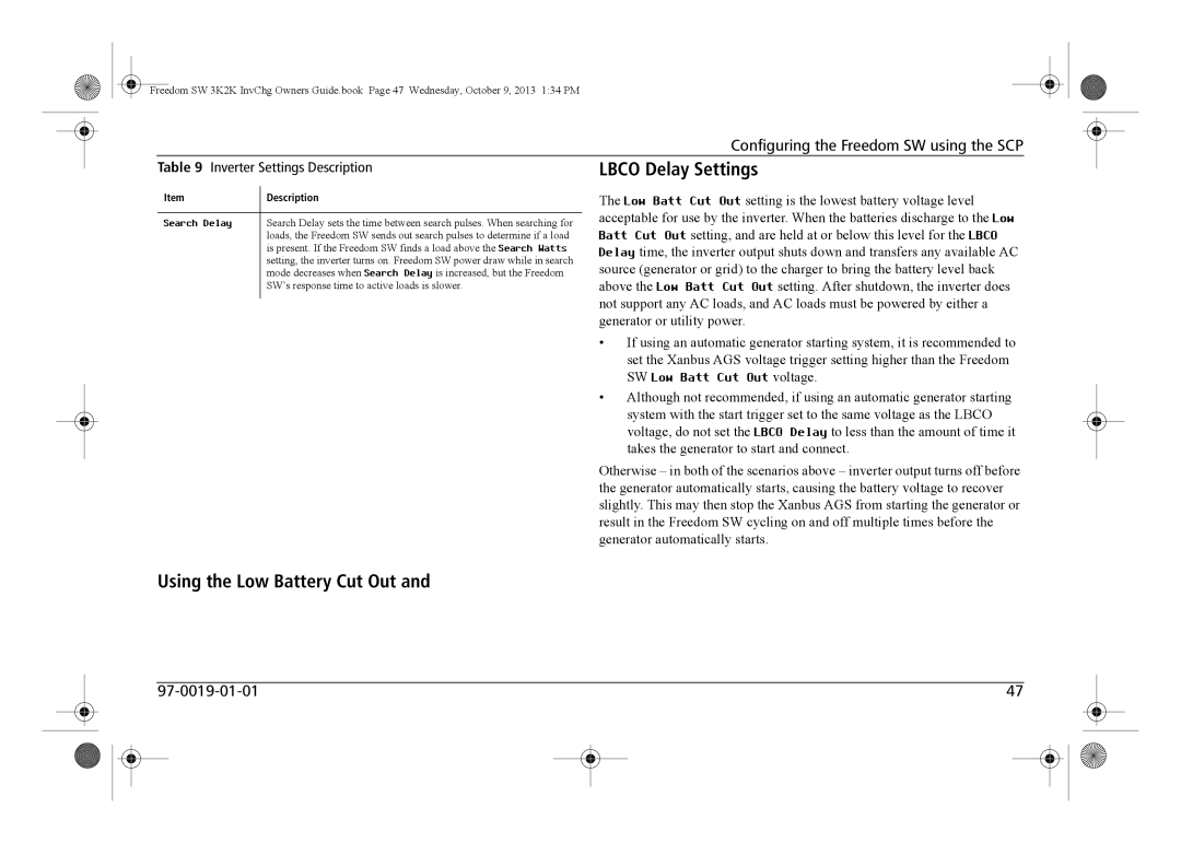 Xantrex Technology 815-3012 Lbco Delay Settings, Using the Low Battery Cut Out, Configuring the Freedom SW using the SCP 