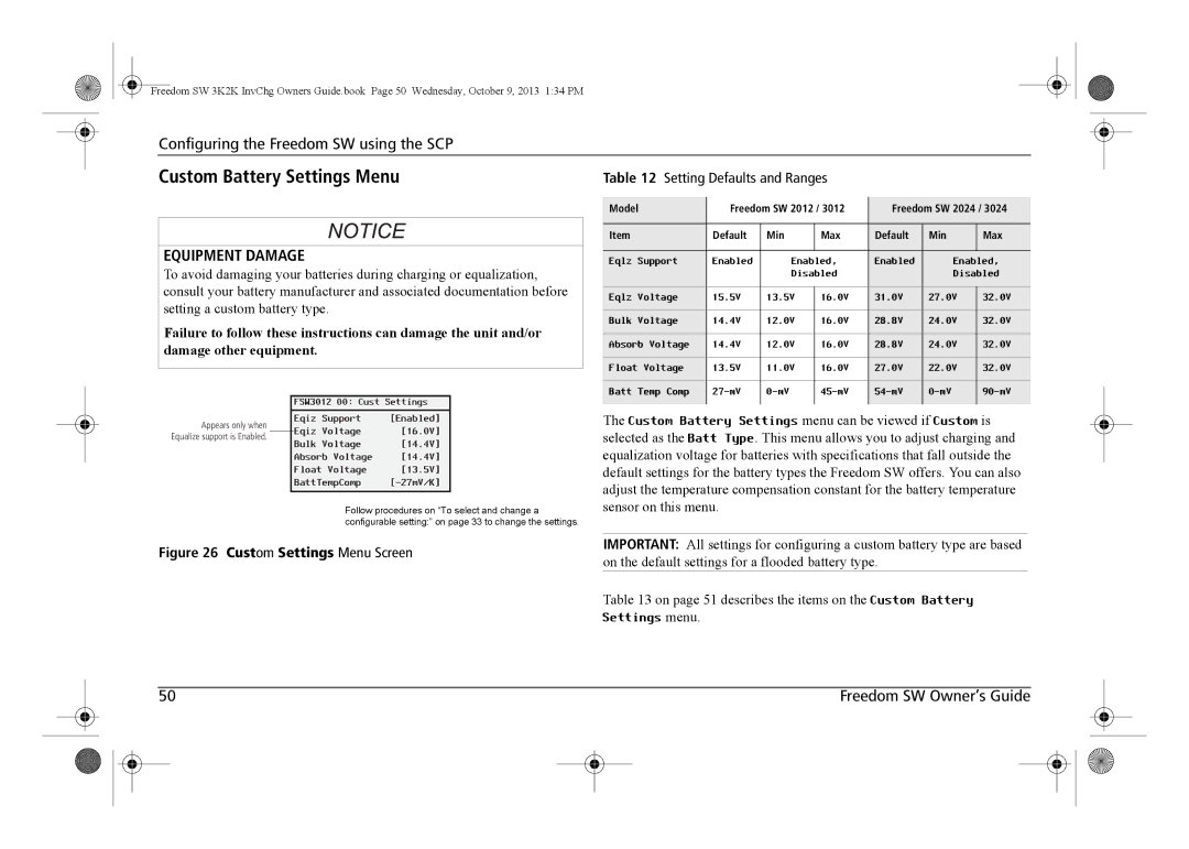 Xantrex Technology 815-3024, 815-3012, 815-2012, 815-2024 manual Custom Battery Settings Menu, Settings menu 