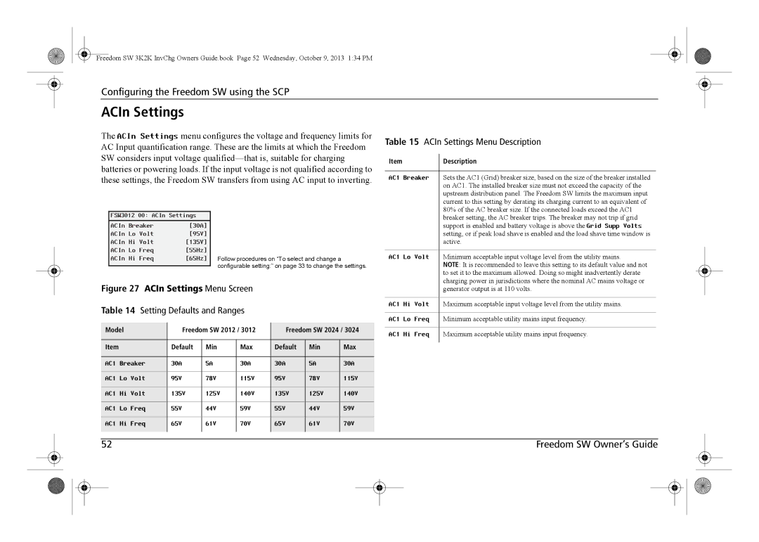 Xantrex Technology 815-2012, 815-3024, 815-3012, 815-2024 manual ACIn Settings Menu Description, AC1 Lo Volt, Freq 