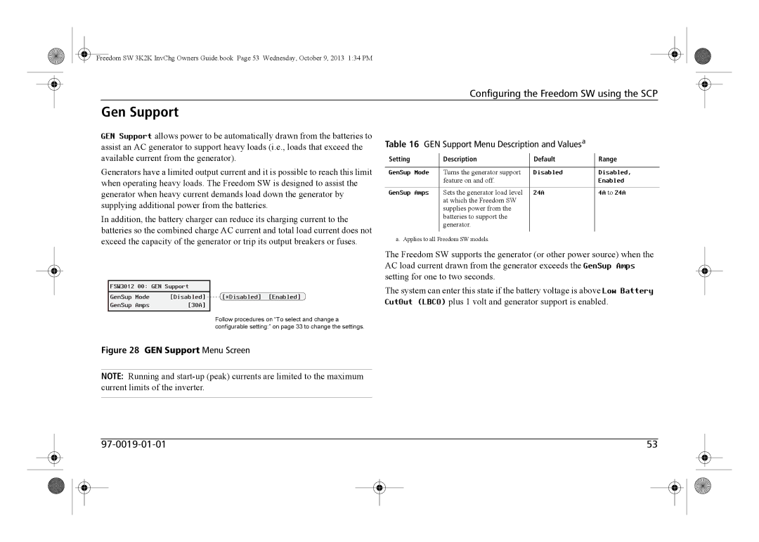 Xantrex Technology 815-2024 Gen Support, GEN Support Menu Description and Valuesa, GenSup Mode, GenSup Amps, 24A 4A to 24A 