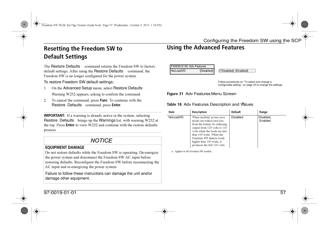 Xantrex Technology 815-2024, 815-3024, 815-3012 Resetting the Freedom SW to Default Settings, Using the Advanced Features 