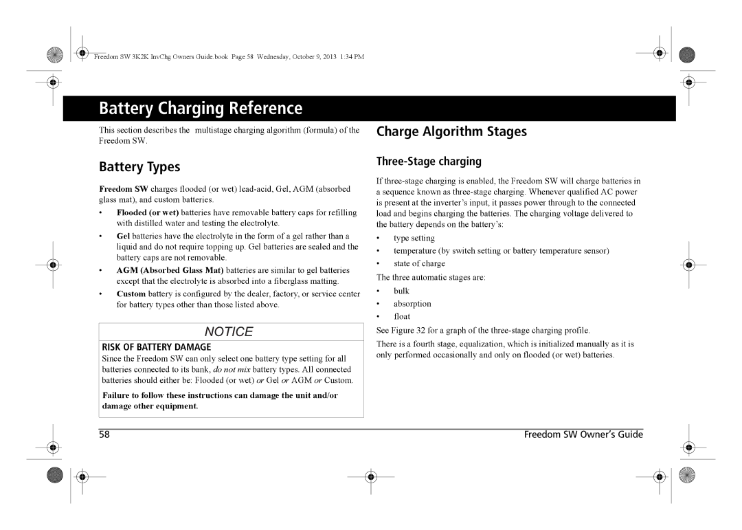 Xantrex Technology 815-3024 manual Battery Charging Reference, Battery Types, Charge Algorithm Stages, Three-Stage charging 