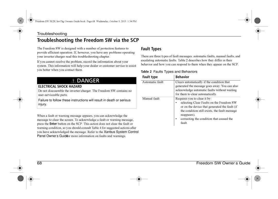 Xantrex Technology 815-2012, 815-3024 Troubleshooting the Freedom SW via the SCP, Fault Types, Faults Types and Behaviors 