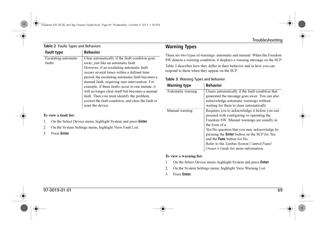 Xantrex Technology 815-2024, 815-3024, 815-3012, 815-2012 manual To view a fault list, To view a warning list 