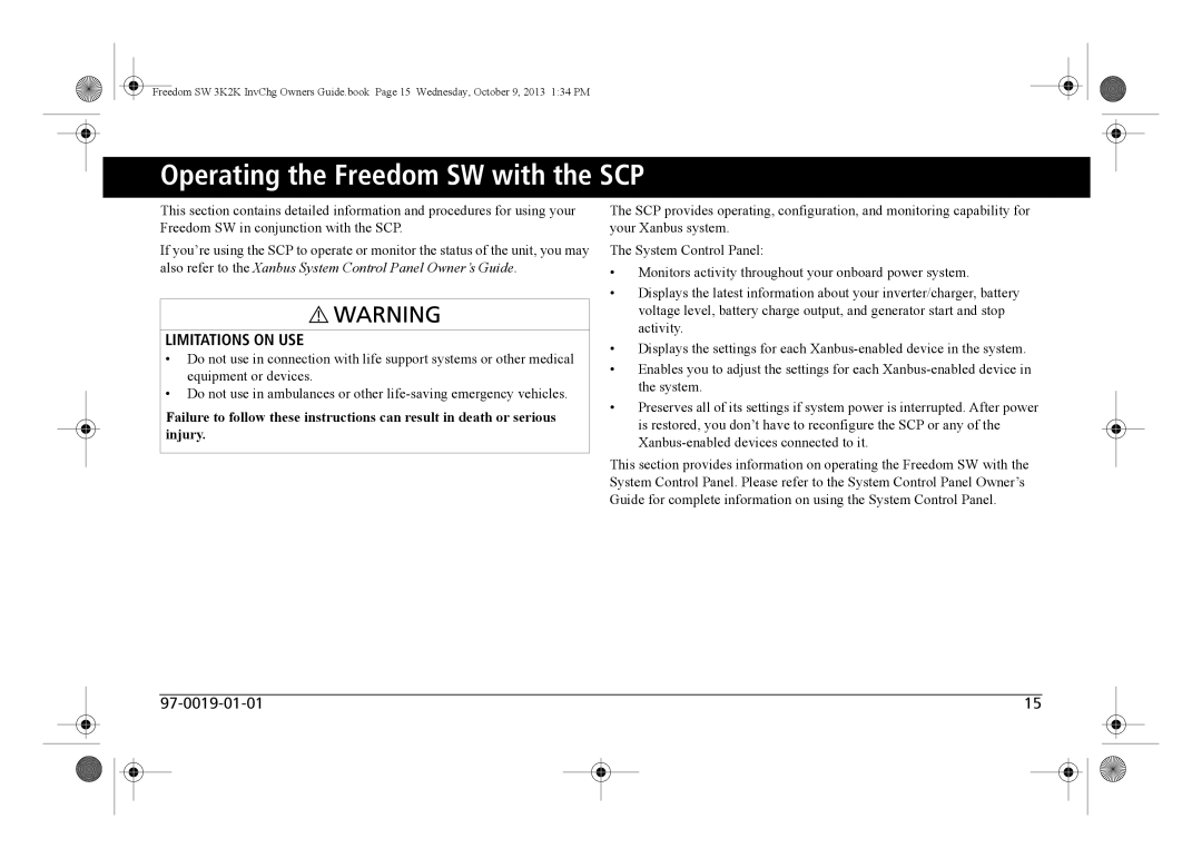 Xantrex Technology 815-3012, 815-3024, 815-2012 Operating the Freedom SW with the SCP, Limitations On Use, 97-0019-01-01 