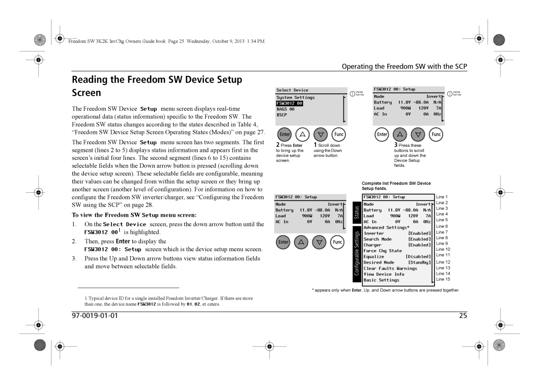 Xantrex Technology 815-2024, 815-3024 Reading the Freedom SW Device Setup Screen, Operating the Freedom SW with the SCP 