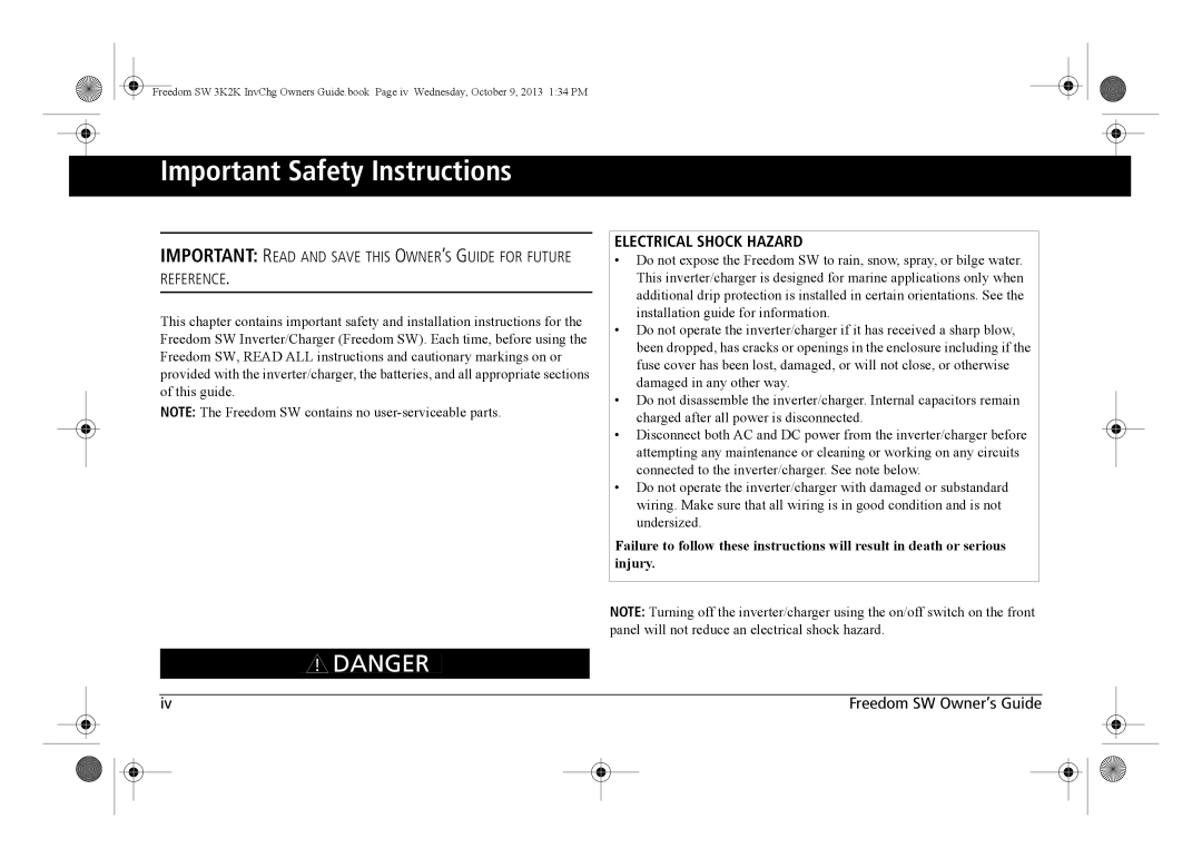 Xantrex Technology 815-2012, 815-3024, 815-3012, 815-2024 Important Safety Instructions, Reference, Electrical Shock Hazard 