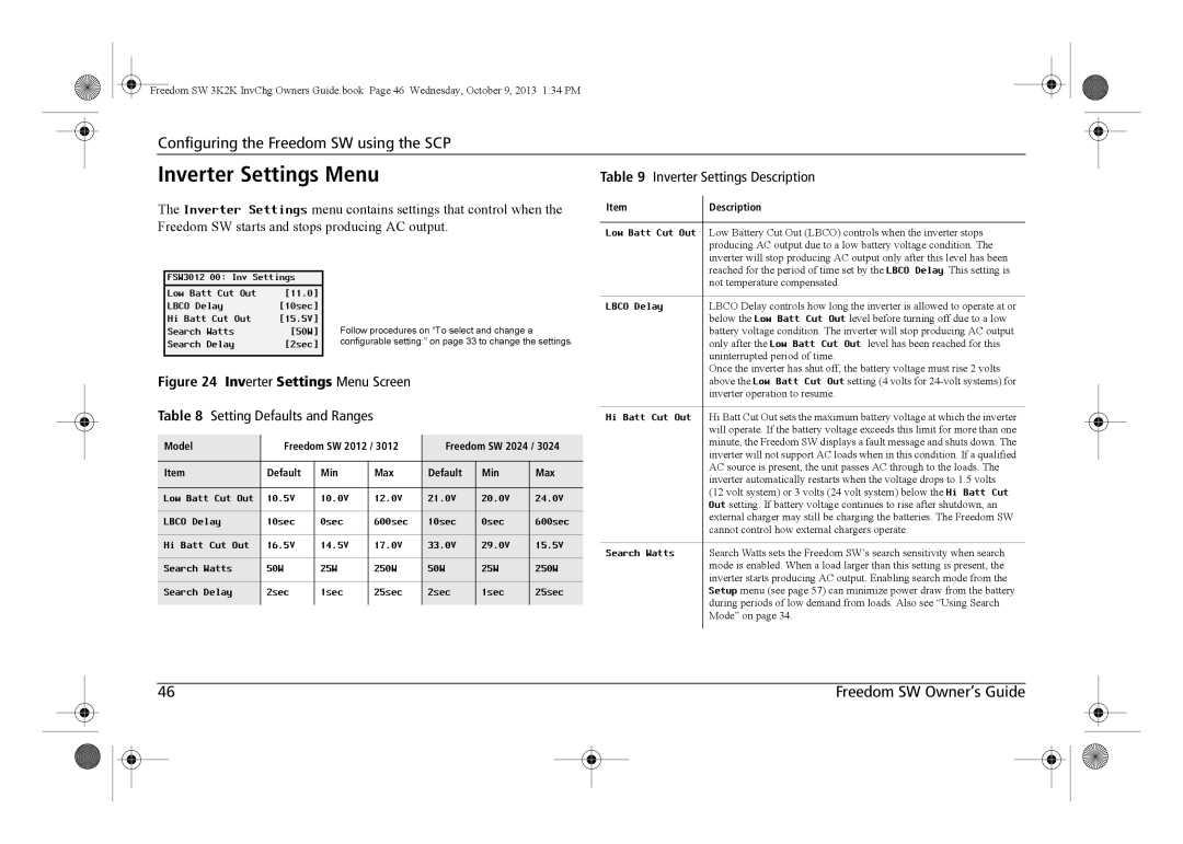 Xantrex Technology 815-3024 Inverter Settings Menu, Configuring the Freedom SW using the SCP, Freedom SW Owner’s Guide 