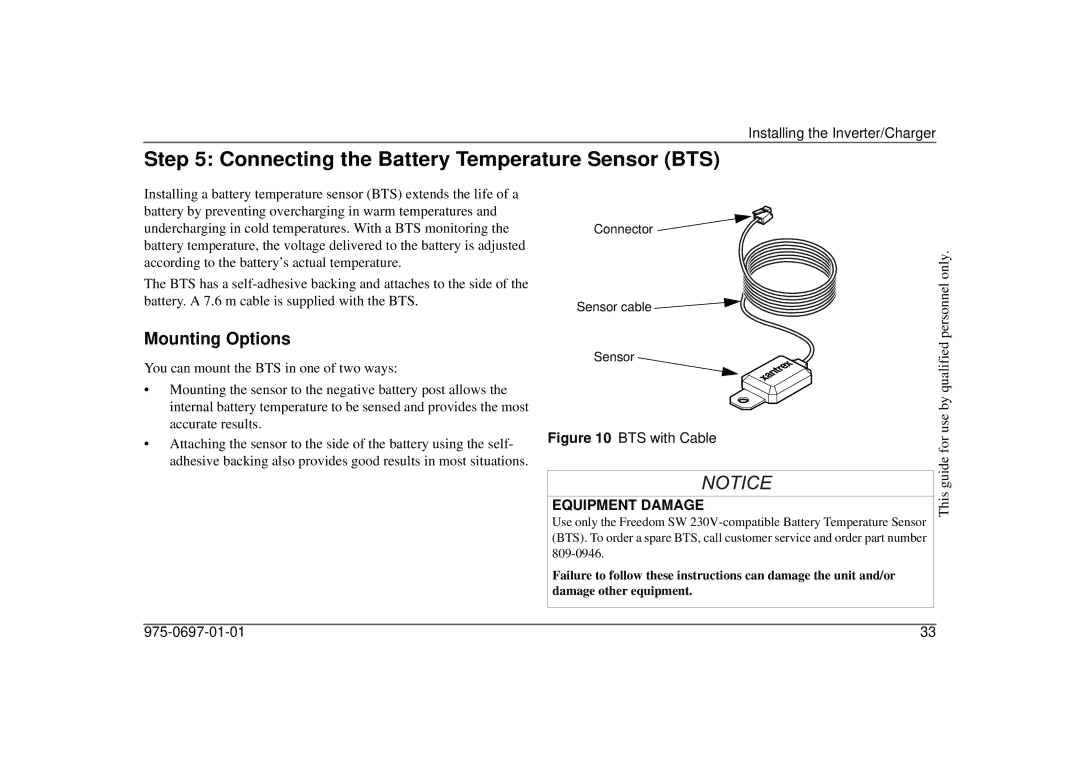 Xantrex Technology 815-2524-02, 815-3524 manual Connecting the Battery Temperature Sensor BTS, Mounting Options 