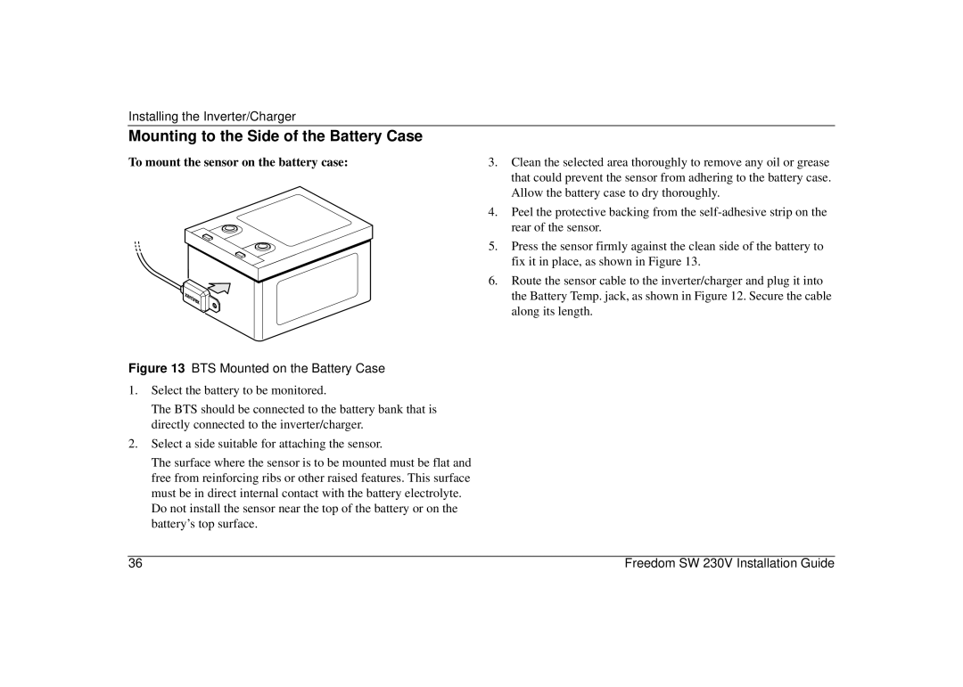 Xantrex Technology 815-3524, 815-2524-02 Mounting to the Side of the Battery Case, To mount the sensor on the battery case 