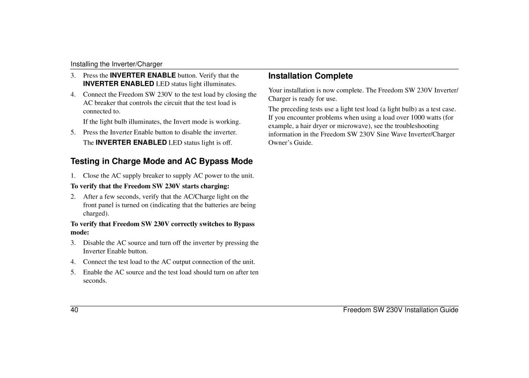 Xantrex Technology 815-3524, 815-2524-02 manual Testing in Charge Mode and AC Bypass Mode, Installation Complete 