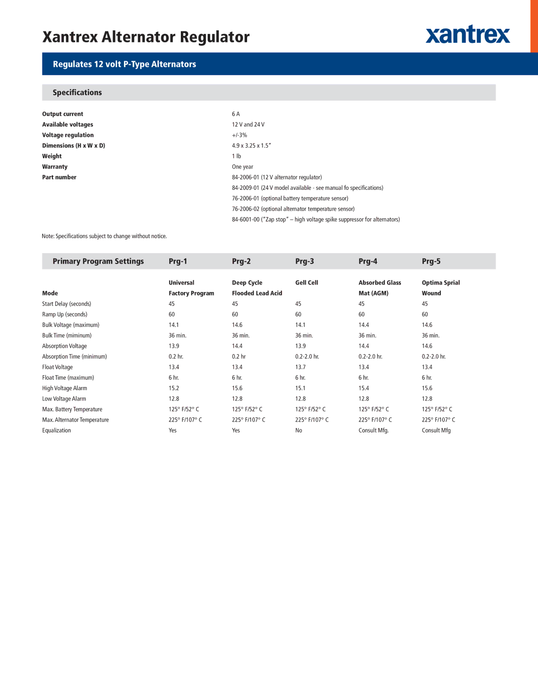 Xantrex Technology 84-2009-01 Specifications, Primary Program Settings Prg-1 Prg-2 Prg-3 Prg-4 Prg-5 