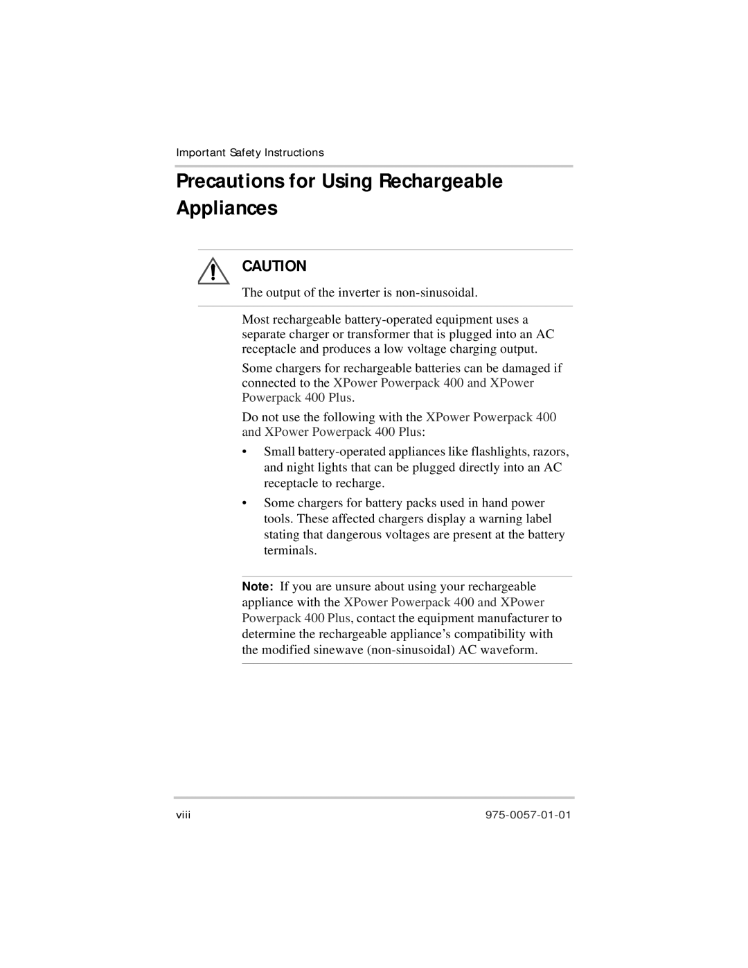 Xantrex Technology 975-0057-01-01 warranty Precautions for Using Rechargeable Appliances 