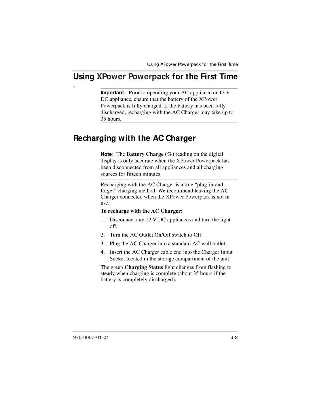 Xantrex Technology 975-0057-01-01 warranty Recharging with the AC Charger, To recharge with the AC Charger 