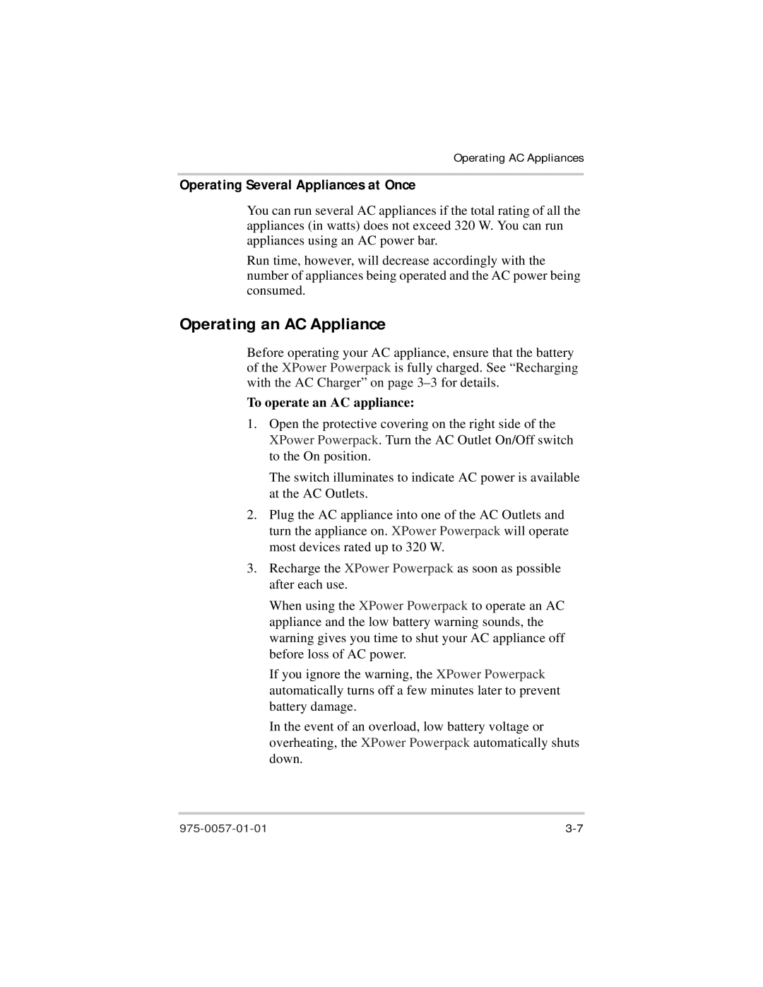 Xantrex Technology 975-0057-01-01 warranty Operating an AC Appliance, To operate an AC appliance 