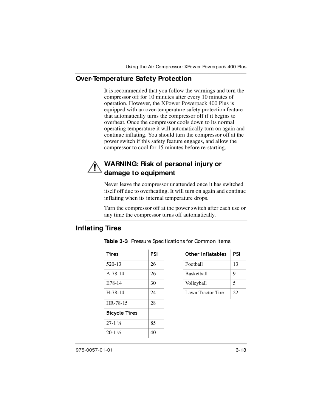 Xantrex Technology 975-0057-01-01 warranty Over-Temperature Safety Protection, Inflating Tires 