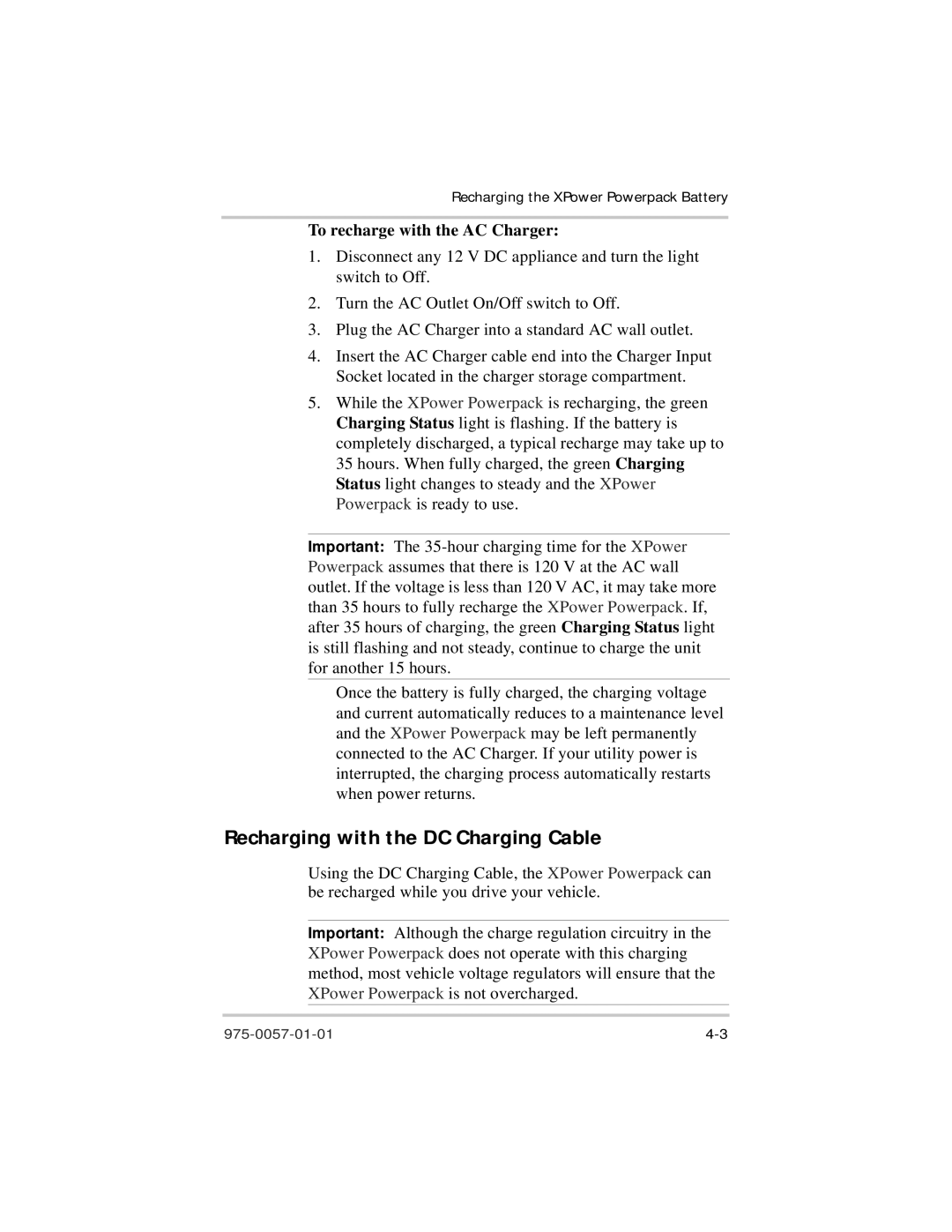 Xantrex Technology 975-0057-01-01 warranty Recharging with the DC Charging Cable, To recharge with the AC Charger 