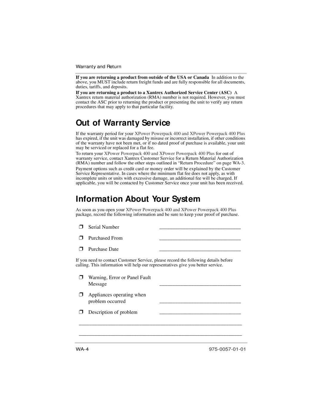 Xantrex Technology 975-0057-01-01 warranty Out of Warranty Service, Information About Your System 