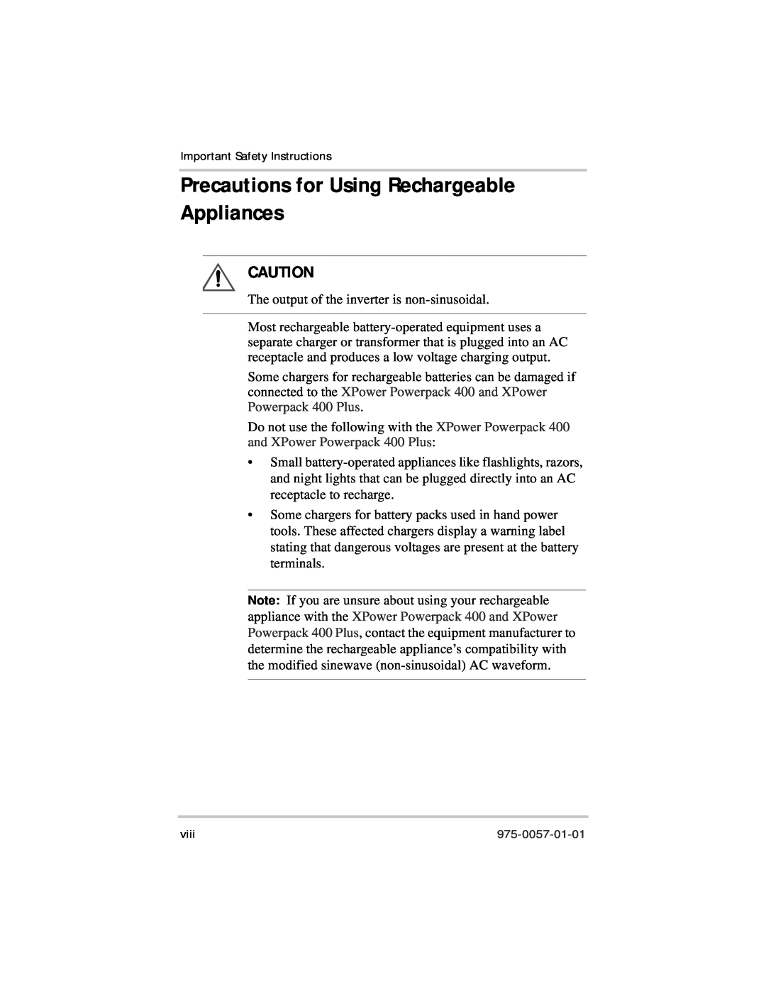 Xantrex Technology 975-0057-01-01 warranty Precautions for Using Rechargeable Appliances 
