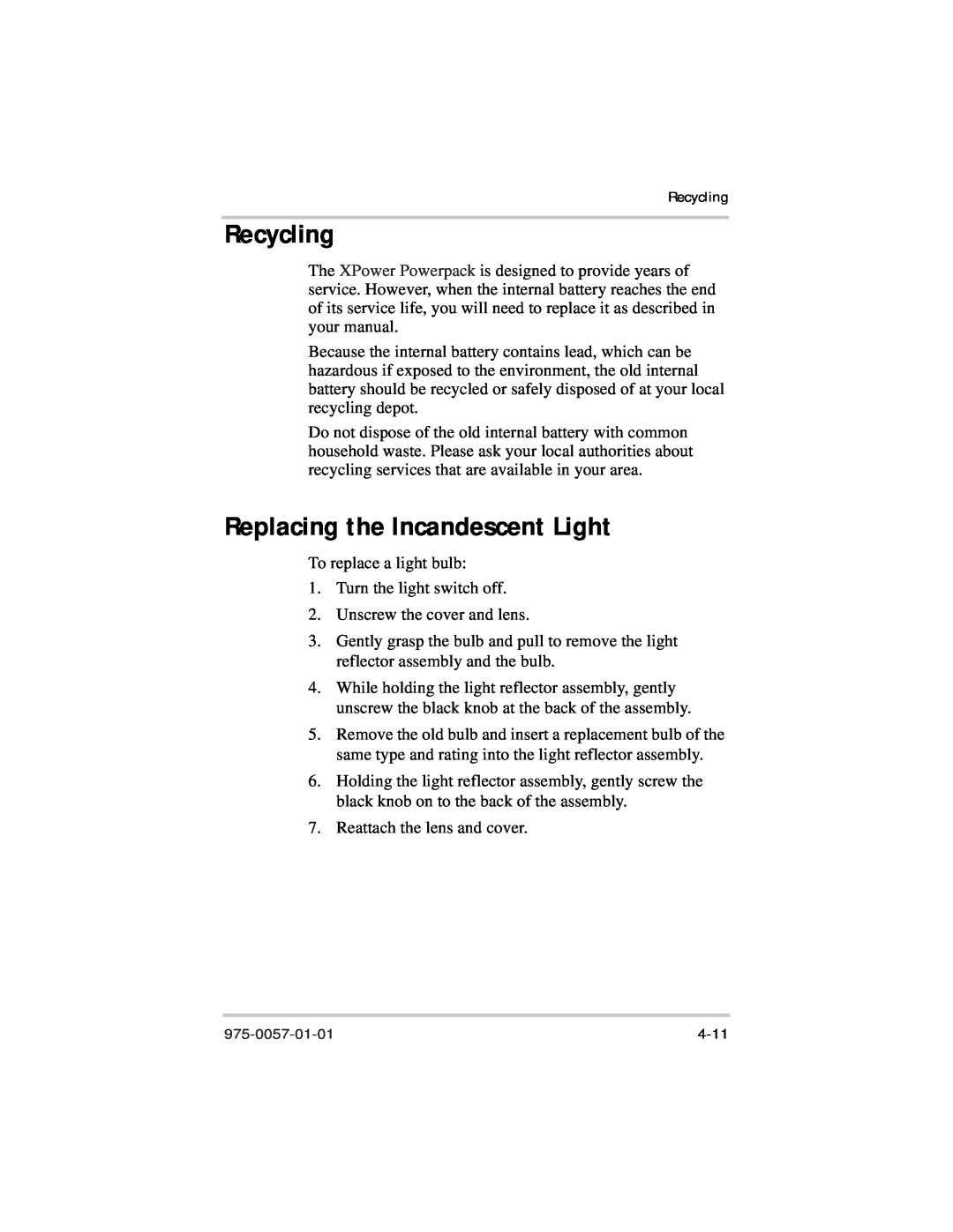 Xantrex Technology 975-0057-01-01 warranty Recycling, Replacing the Incandescent Light 