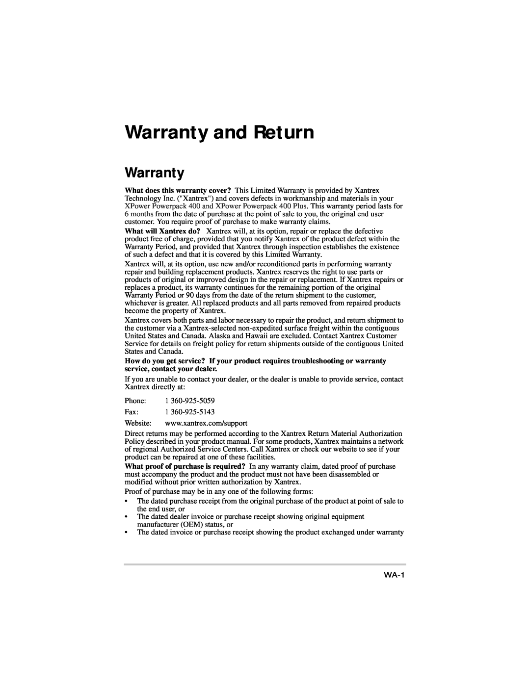 Xantrex Technology 975-0057-01-01 warranty Warranty and Return, WA-1 