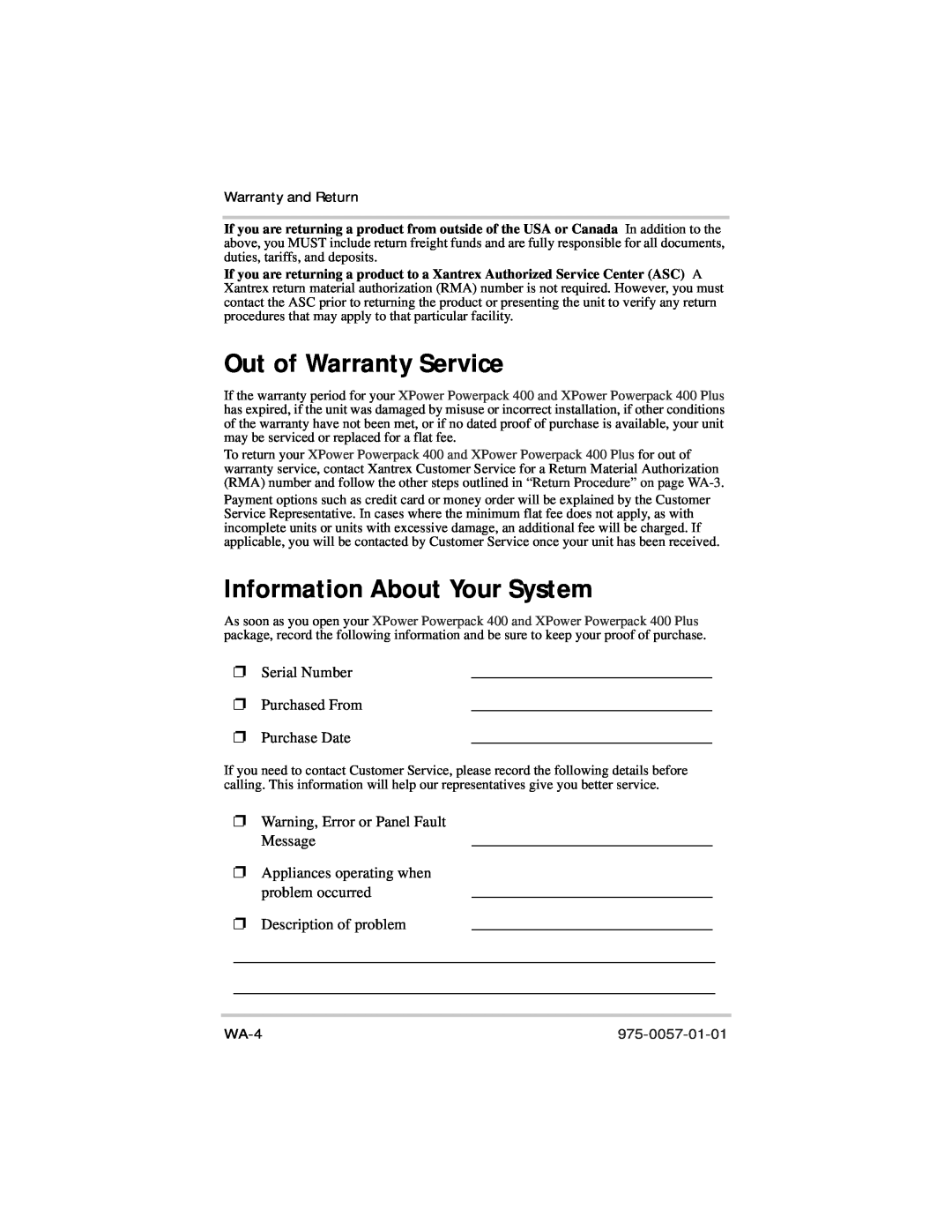 Xantrex Technology 975-0057-01-01 Out of Warranty Service, Information About Your System, Warranty and Return, WA-4 