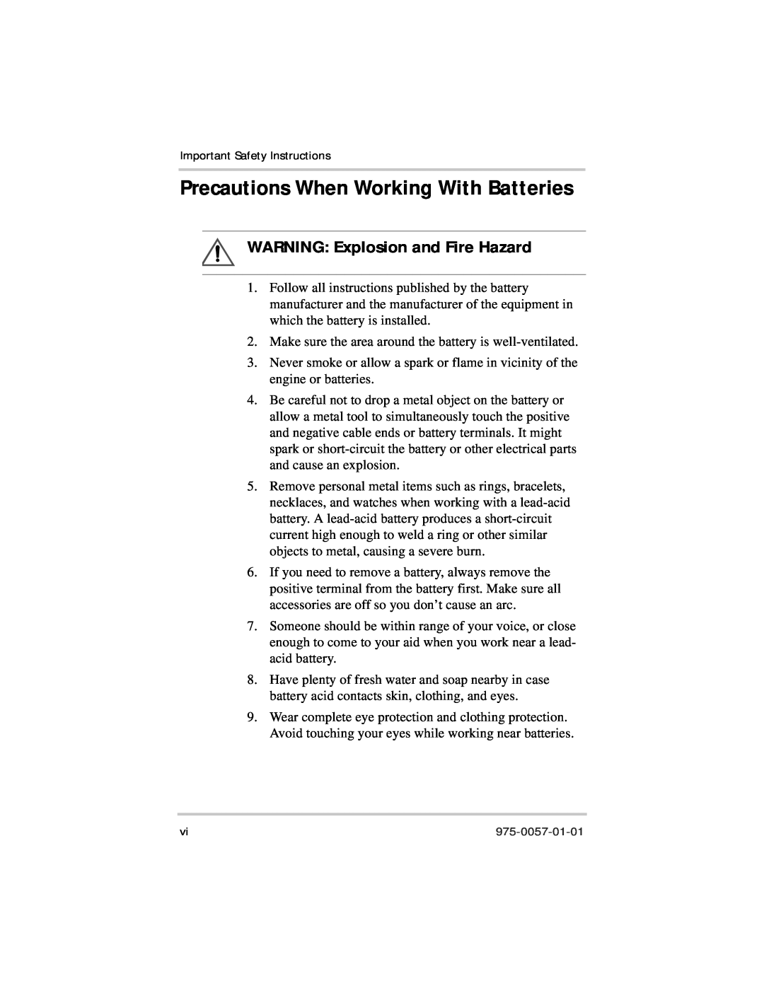 Xantrex Technology 975-0057-01-01 warranty Precautions When Working With Batteries, WARNING Explosion and Fire Hazard 