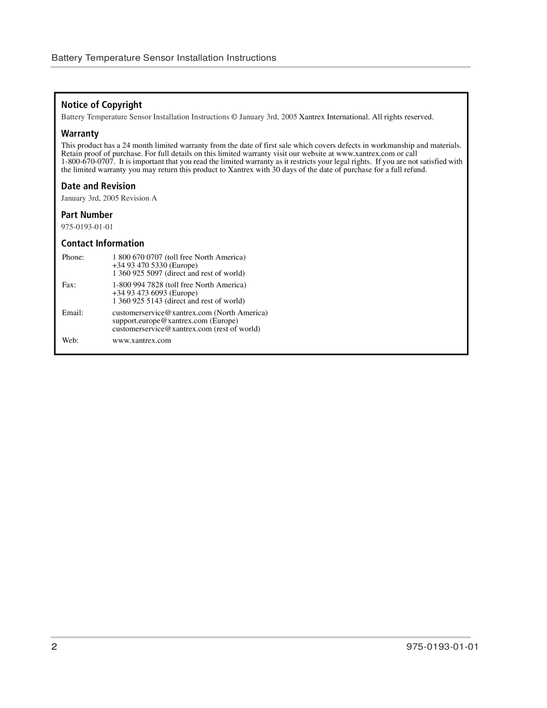 Xantrex Technology 975-0193-01-01 installation instructions Warranty, Date and Revision, Part Number, Contact Information 