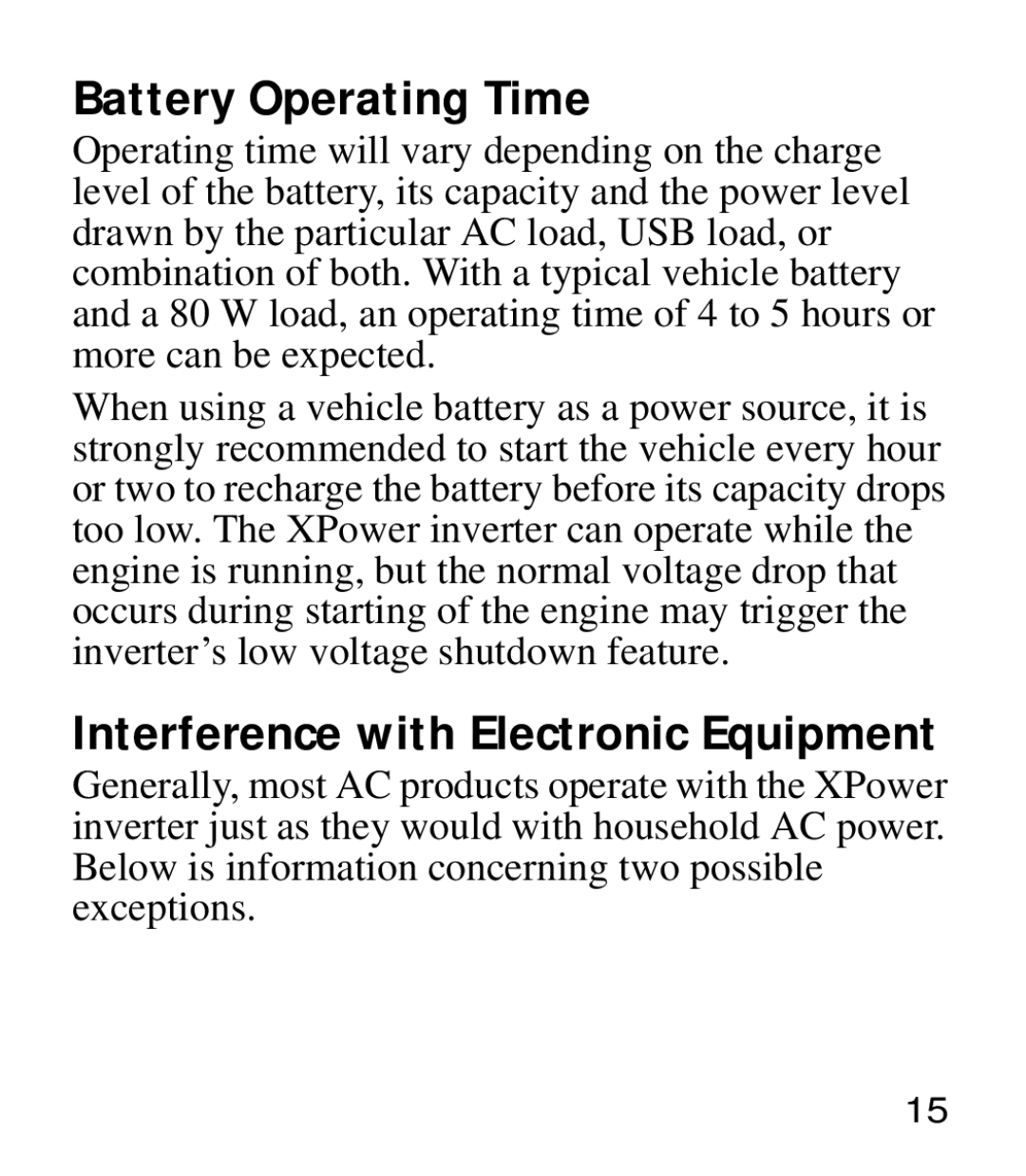 Xantrex Technology 975-0205-01-01 manual Battery Operating Time, Interference with Electronic Equipment 