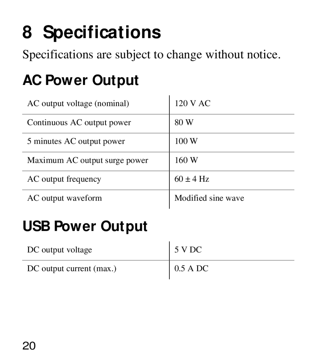 Xantrex Technology 975-0205-01-01 manual Specifications, AC Power Output, USB Power Output 