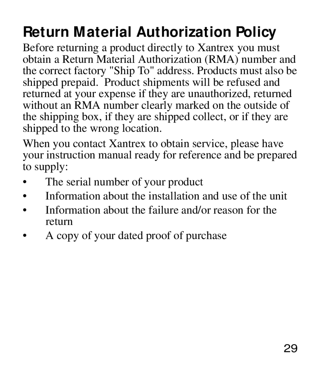 Xantrex Technology 975-0205-01-01 manual Return Material Authorization Policy 