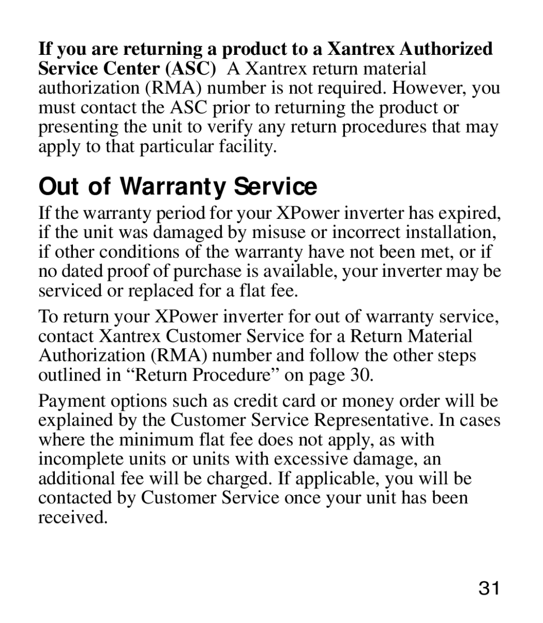 Xantrex Technology 975-0205-01-01 manual Out of Warranty Service 