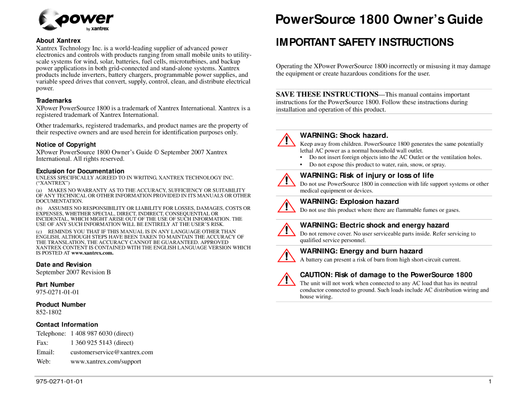 Xantrex Technology 975-0271-01-01 1 important safety instructions PowerSource 1800 Owner’s Guide 