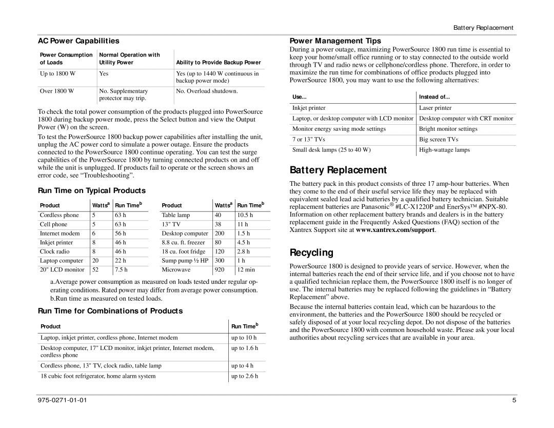 Xantrex Technology 975-0271-01-01 1 Battery Replacement, Recycling, AC Power Capabilities, Power Management Tips 