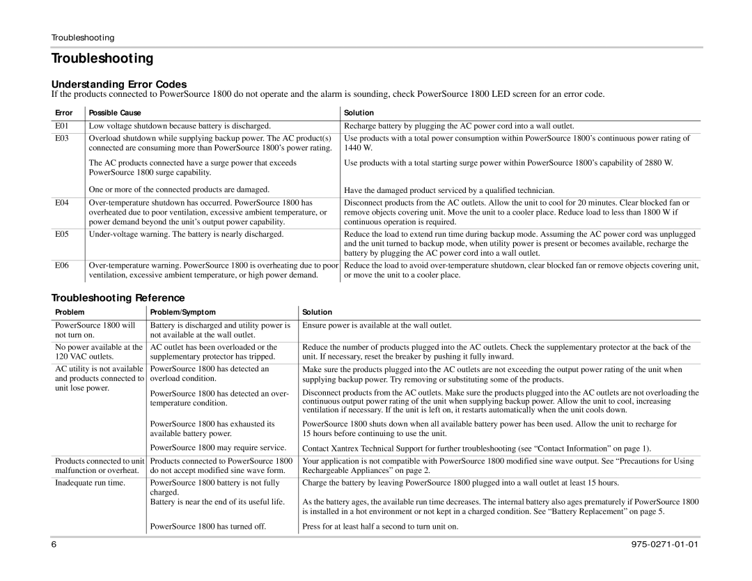 Xantrex Technology 975-0271-01-01 1 important safety instructions Understanding Error Codes, Troubleshooting Reference 