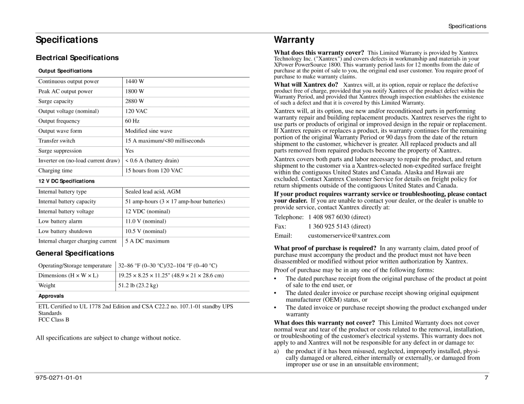 Xantrex Technology 975-0271-01-01 1 Warranty, Electrical Specifications, General Specifications 