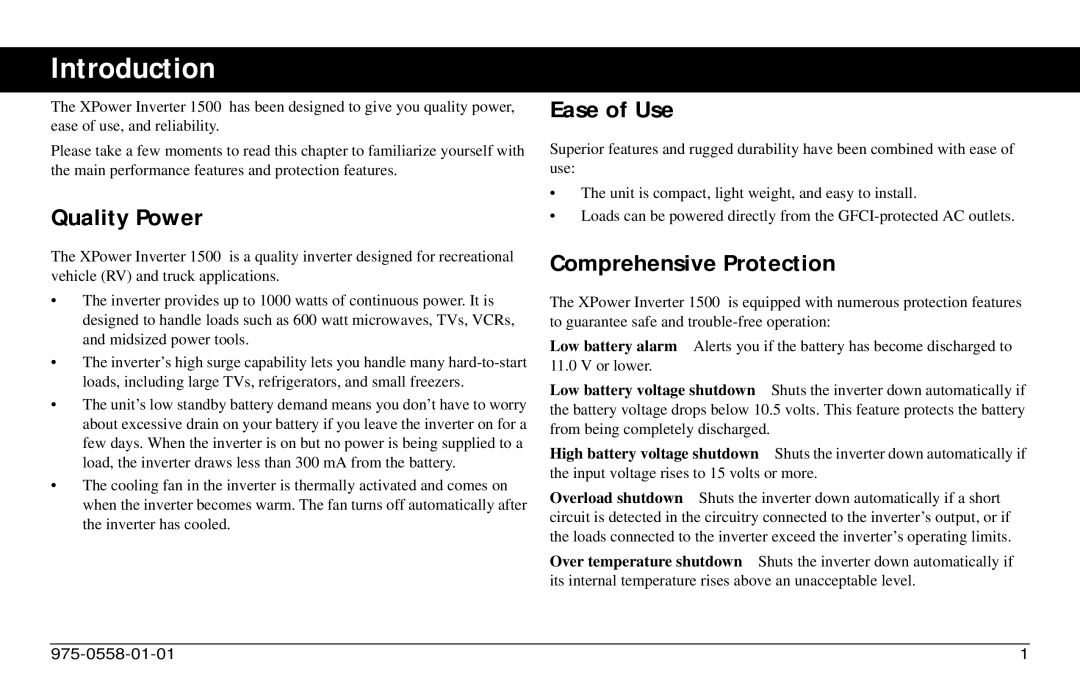 Xantrex Technology 975-0558-01-01 i manual Introduction, Quality Power, Ease of Use, Comprehensive Protection 